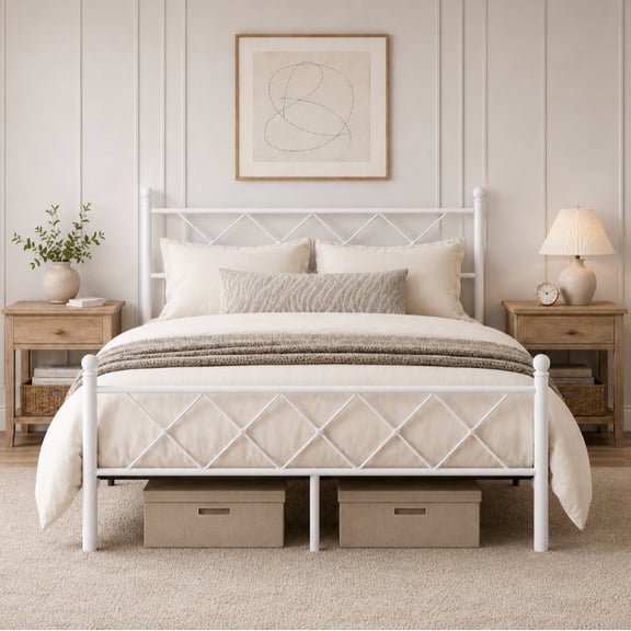 Zimtown Twin Bed Frame with Smart LED Light, Metal Platform Bed with Charging Station, White