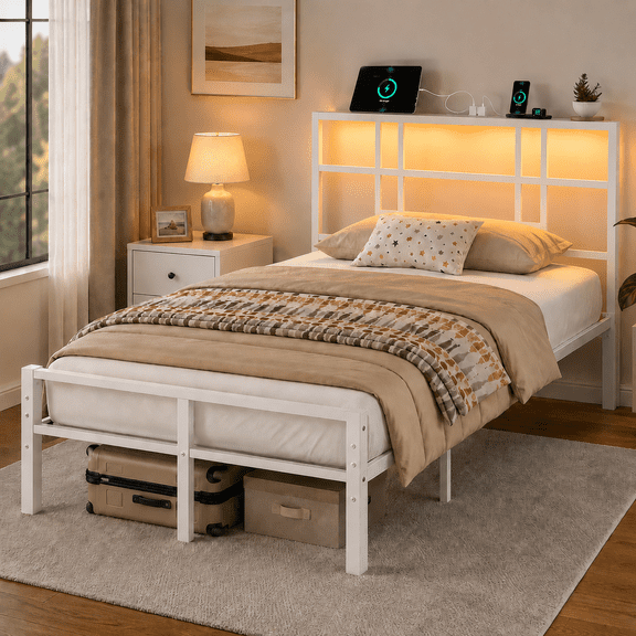 Zimtown Twin Bed Frame with Storage Headboard, LED Lights, and Charging Station, Single Metal Platform Bed, White