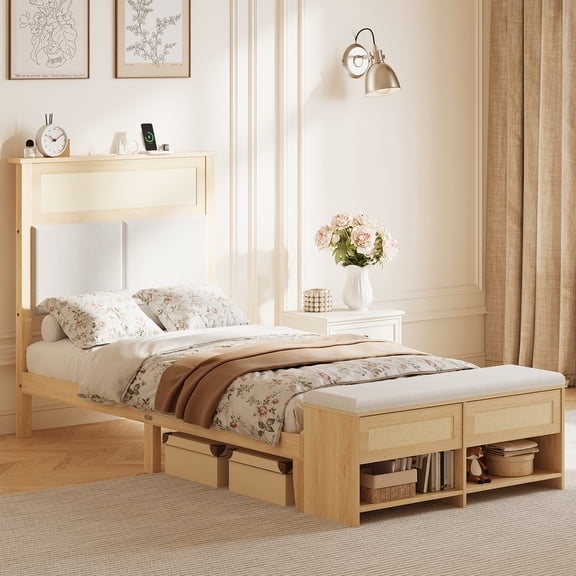 Zimtown Twin Bed Frame with Storage Ottoman, Wood Bed Frame with Upholstered Headboard, Sturdy Slat Support, No Box Spring Needed, Natural Wood Color