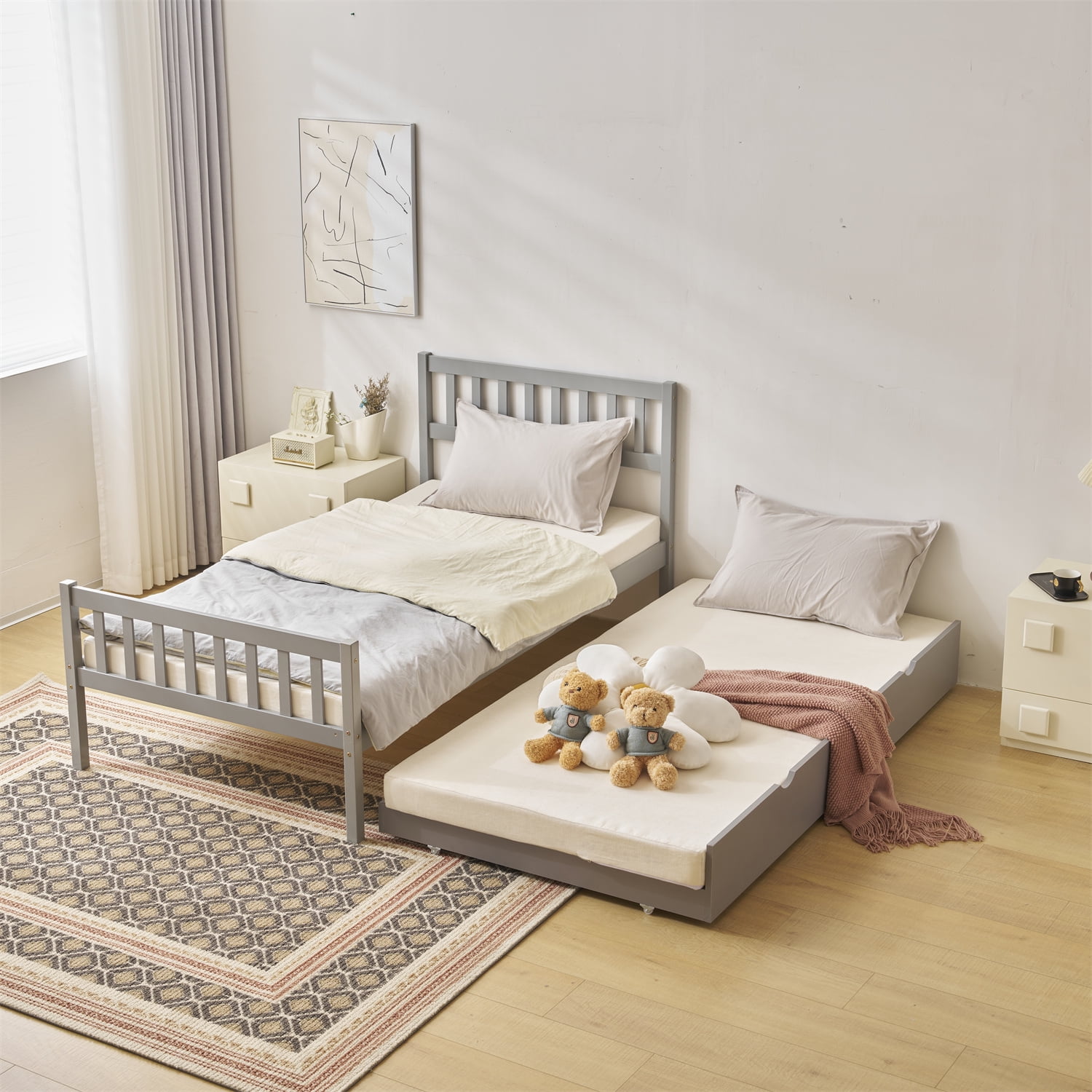 Zimtown Twin Bed with Trundle, Solid Wood Bed Frames with Headboard and ...