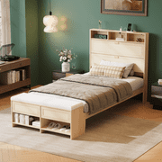 Zimtown Twin Boho Wood Bed Frame with Storage, Platform Bed Frame with Natural Rattan 3-Tier Shelf Hidden Headboard, Footboard Bench & Power Outlets