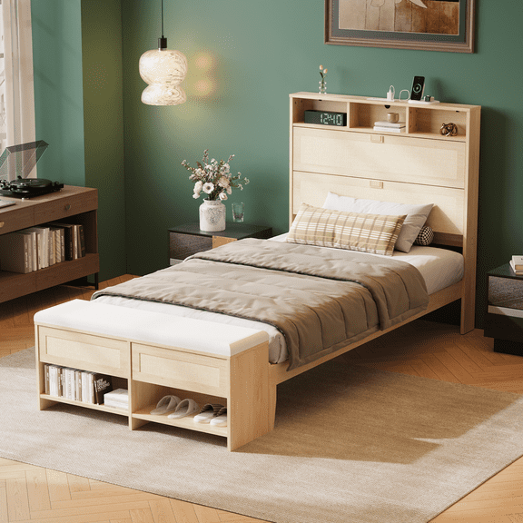 Zimtown Twin Boho Wood Bed Frame with Storage, Platform Bed Frame with Natural Rattan 3-Tier Shelf Hidden Headboard, Footboard Bench & Power Outlets
