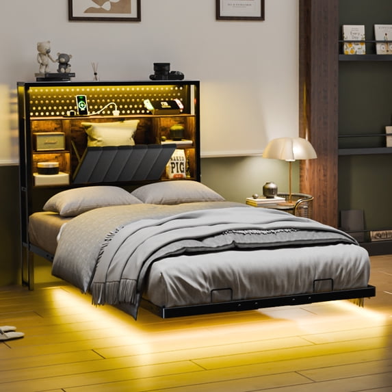 Zimtown Twin Floating Bed Frame, Platform Bed with Charging Station, No Box Spring Needed, Black