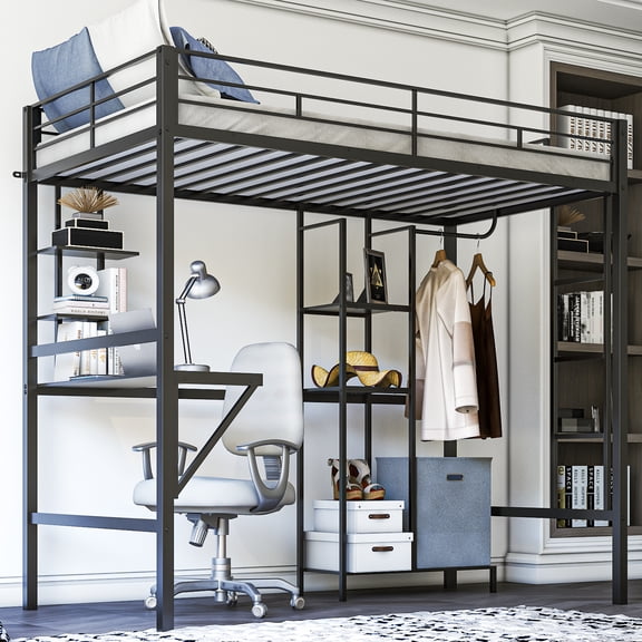 Zimtown Twin Loft Bed with Desk, Metal Bunk Bed, Black