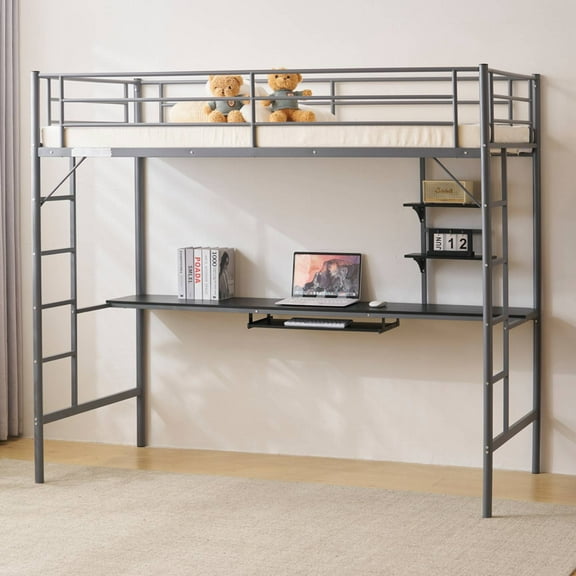 Zimtown Twin Loft Bed with Desk, Metal Bunk Bed, for Bedroom, Gray