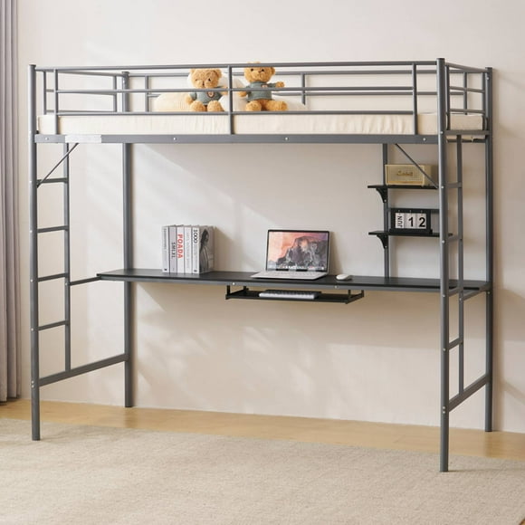 Zimtown Twin Loft Bed with Desk, Metal Bunk Bed, for Bedroom, Gray