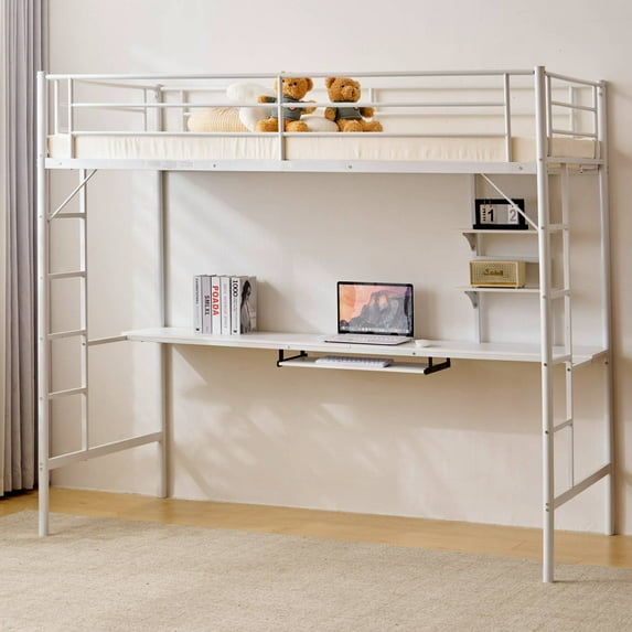 Zimtown Twin Loft Bed with Desk, Metal Bunk Bed,Bed for Bedroom, White