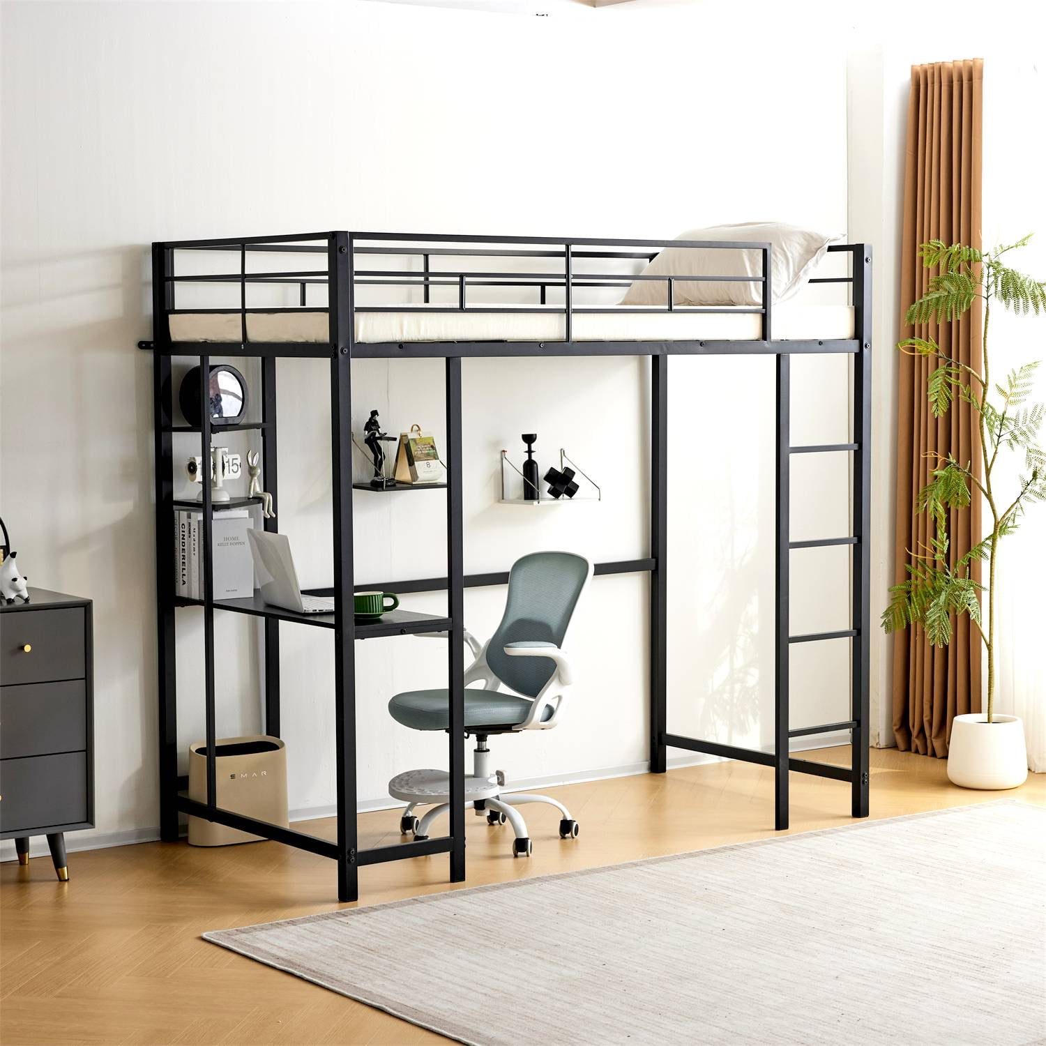 Zimtown Twin Loft Bed with Desk, Metal Bunk Bed, Black