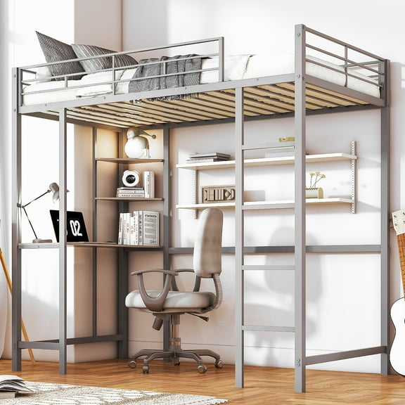 Zimtown Twin Loft Bed with Desk, Metal Bunk Bed, Gray