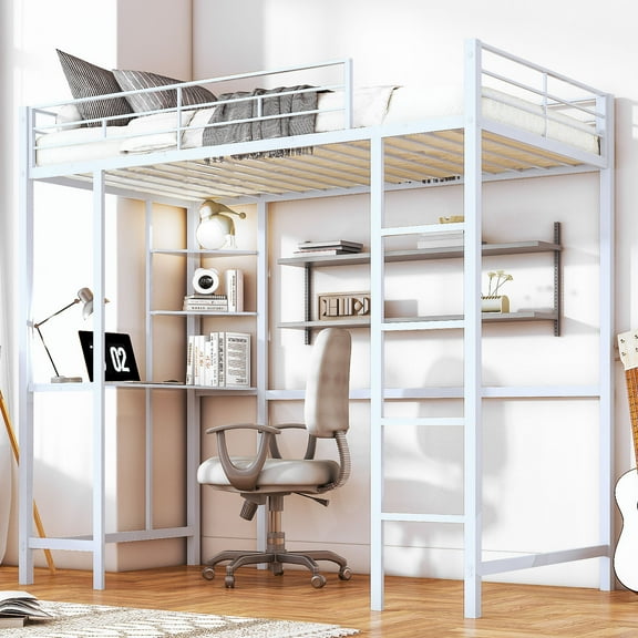 Zimtown Twin Loft Bed with Desk, Metal Bunk Bed, White