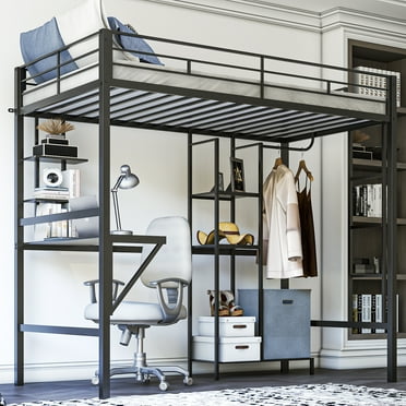 Zimtown Twin Loft Bed with Desk for Kids Teens, Metal Bunk Bed, Black