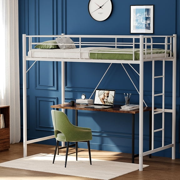 Zimtown Upgrated Twin Loft Bed with Ladder Metal Bunk Bed with Flat Step Ladder, White