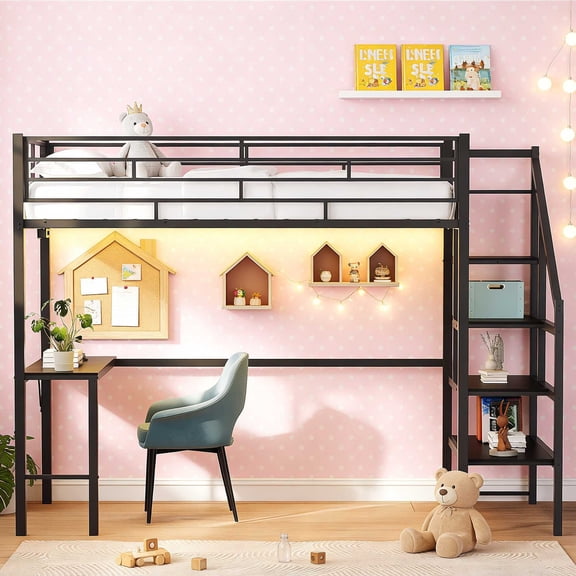 Zimtown Twin Loft Beds with Desk with 15" Height Guardrail, Bunk Bed Frame with Storage Step Ladder Bedroom Dorm Room, Black