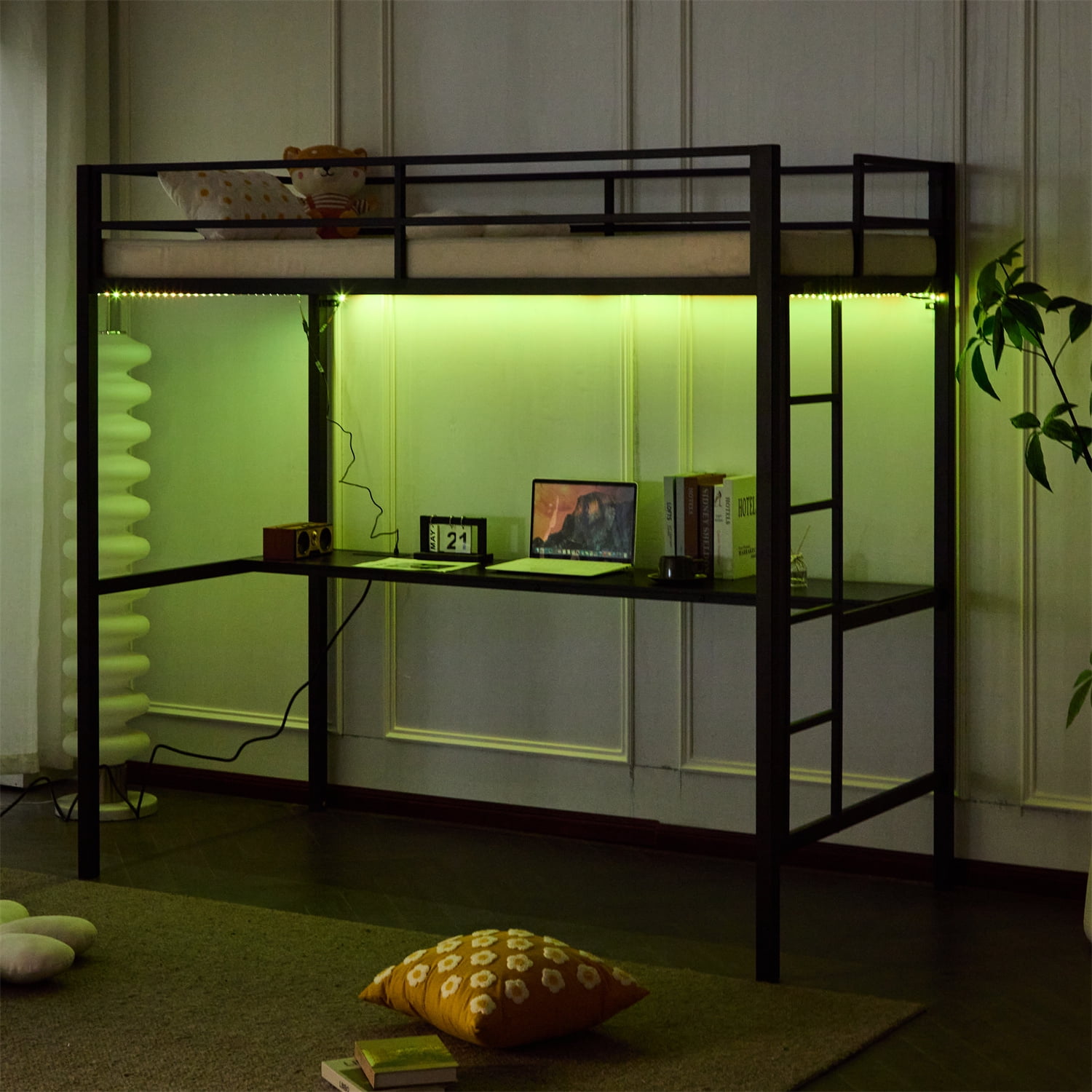Zimtown Twin Metal Loft Bed Frame with LED Lights&Charging Station&Desk ...