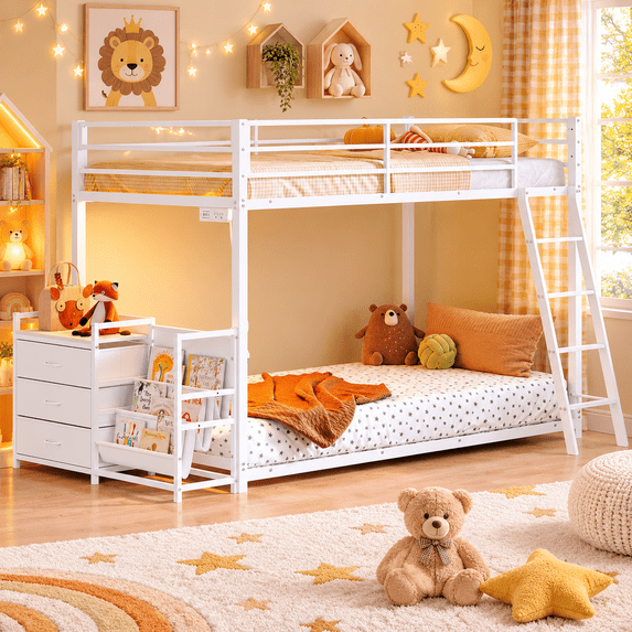 Zimtown Twin Over Twin Bunk Bed with 3 Storage Drawers, Metal Low Profile Bunk Bed Frame with LED Lights, Charging Station, White