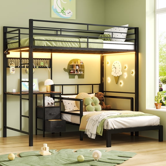 Zimtown Twin Over Twin Metal Bunk Bed Frame with Desk and Storage Drawers, Space Saving Loft Bed Frame for Bedroom, Black