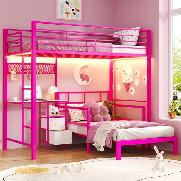 Zimtown Twin Over Twin Metal Bunk Bed Frame with Desk and Storage Drawers, Space Saving Loft Bed Frame for Bedroom, Pink