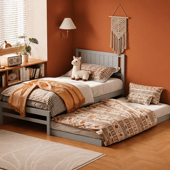 Zimtown Twin Platform Bed Frame with Pull Out Trundle, Extendable Daybed Frame with Headboard, No Box Spring Needed, Gray