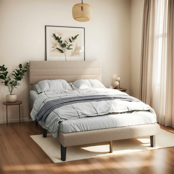 Zimtown Twin Platform Upholstered Bed Frame with Soft Adjustable Headboard, Wooden Mattress Foundation,No Box Spring Needed, Beige