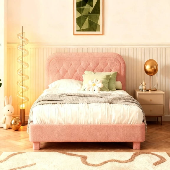 Zimtown Twin Platform Upholstered Bed Frame with Soft Headboard, Wooden Mattress Foundation, Pink