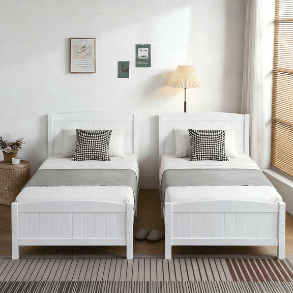 Zimtown Twin Set of 2 Bed Frame,Solid Pine Wood Twin Platform Bed Frame, Bedroom Twin Bed with Headboard for Adults, White