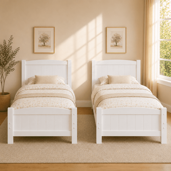 Zimtown Twin Set of 2 Bed Frame,Solid Pine Wood Twin Platform Bed Frame, Bedroom Twin Bed with Headboard for Adults, White