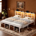 thumbnail image 1 of Zimtown Twin Set of 2 Bed Frame with Storage Headboard, LED Lights, and Charging Station, Single Metal Platform Bed, White, 1 of 10