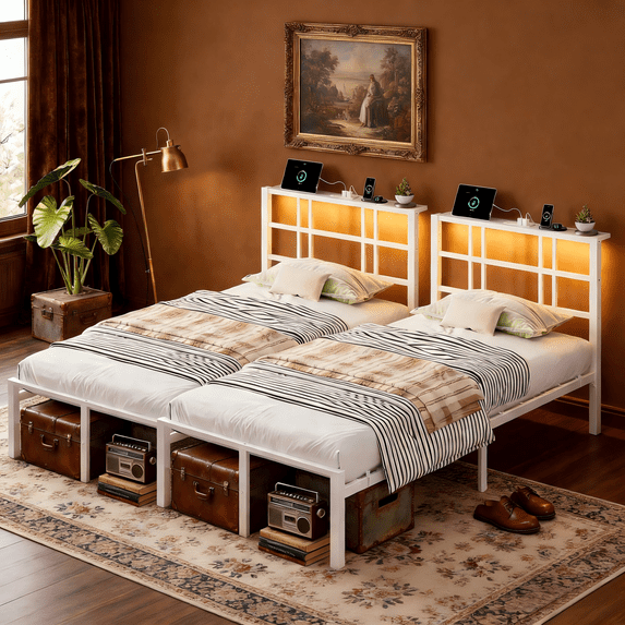 Zimtown Twin Set of 2 Bed Frame with Storage Headboard, LED Lights, and Charging Station, Single Metal Platform Bed, White