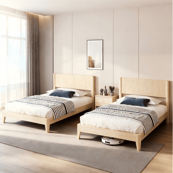 Zimtown Twin Set of 2 Wood Platform Bed Frame with Flutted Headboard, Sturdy Solid Slats & Under Bed Storage, Wood Color