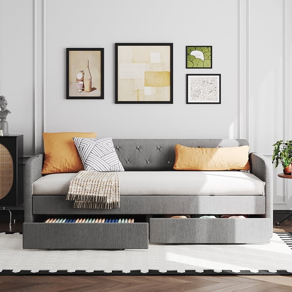 Zimtown Twin Size Daybed with 2 Storage Drawers and Side Pockets, Upholstered Comfy Sleeper Couch Sofa Bed with Diamond Buttons, Gray