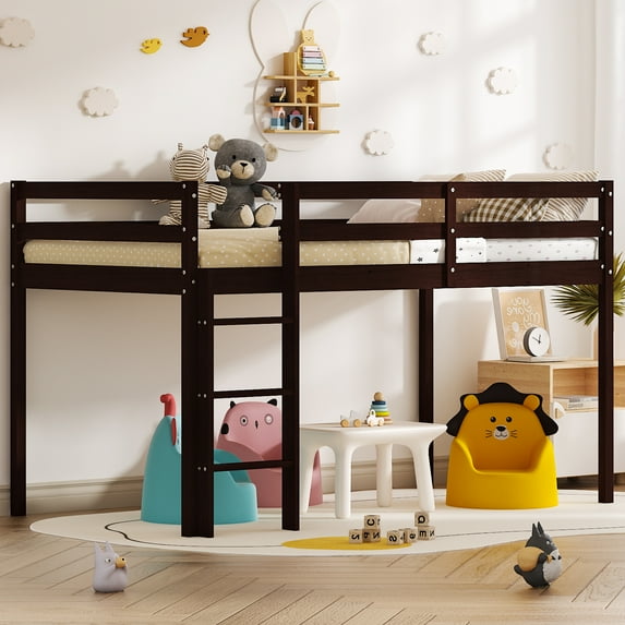 Zimtown Twin Size Loft Bed with Stairs Wood Low Sturdy Loft Bed for Bedroom, Brown