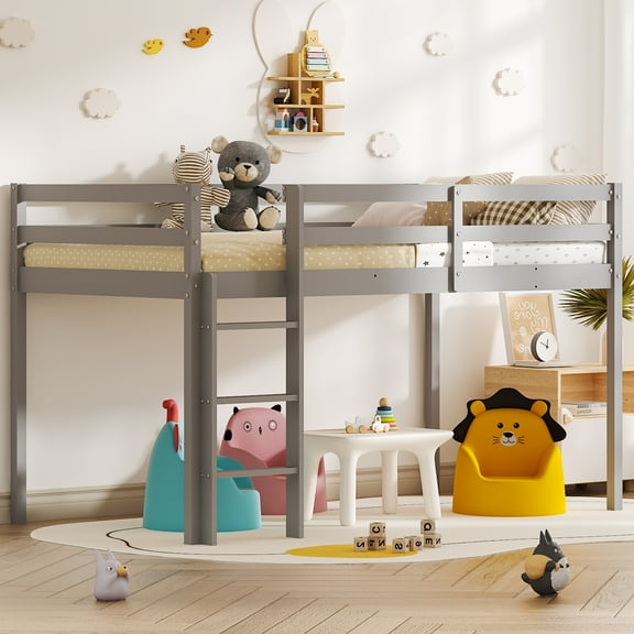 Zimtown Twin Size Loft Bed with Stairs Wood Low Sturdy Loft Bed for Bedroom, Gray