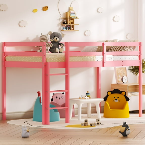 Zimtown Twin Size Loft Bed with Stairs Wood Low Sturdy Loft Bed for Bedroom, Pink
