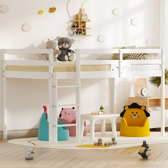Zimtown Twin Size Loft Bed with Stairs Wood Low Sturdy Loft Bed for Bedroom, White