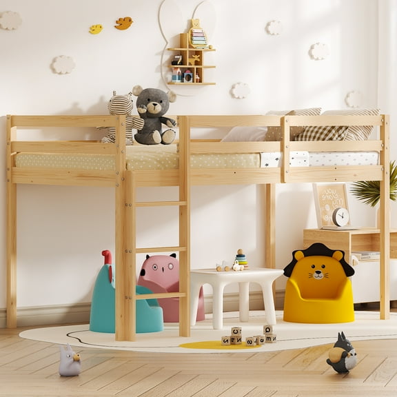 Zimtown Twin Size Loft Bed with Stairs Wood Low Sturdy Loft Bed for Bedroom, Wood Color
