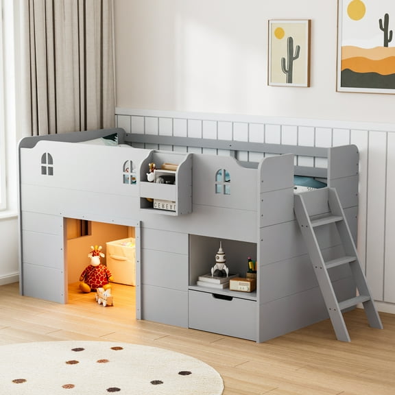 Zimtown Twin Size Low Loft Bed Frame with Led Light, Bunk Bed with Castle Guardrail and Window, Book Rack, Smart APP Control, (Gray)