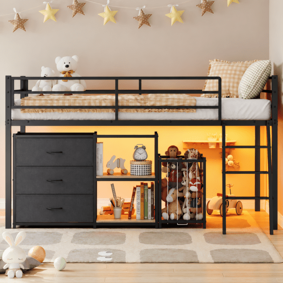 Zimtown Twin Size Low Loft Bed with Toy Storage and LED Light, Metal Bunk Bed Frame with Reversible Ladder, Black