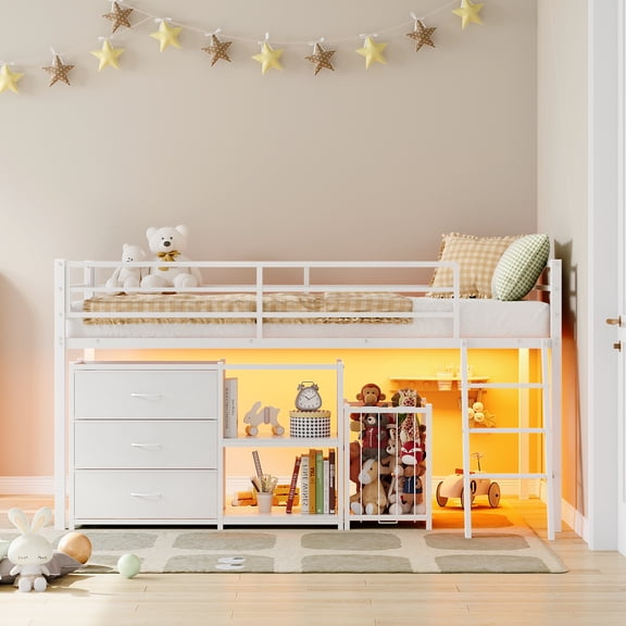 Zimtown Twin Size Low Loft Bed with Toy Storage and Shelf, Floor Bunk Bed Frame with LED Light, White