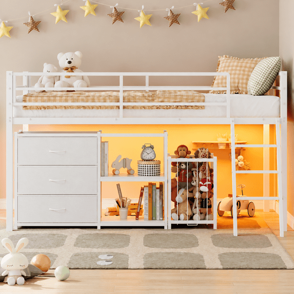 Zimtown Twin Size Low Loft Bed with Toy Storage and LED Light, Metal Bunk Bed Frame with Reversible Ladder,White