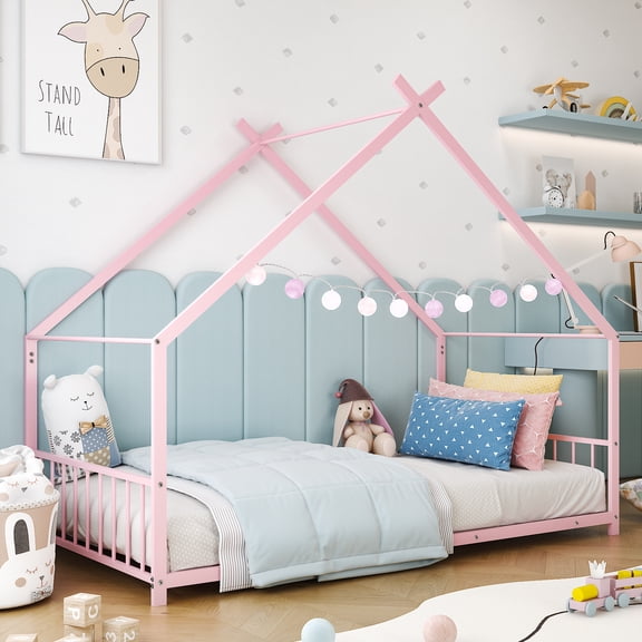 Zimtown Twin Size Montessori Floor Bed, Metal House Bed Frame for Kids, Girls, Boys, Teen, Pink