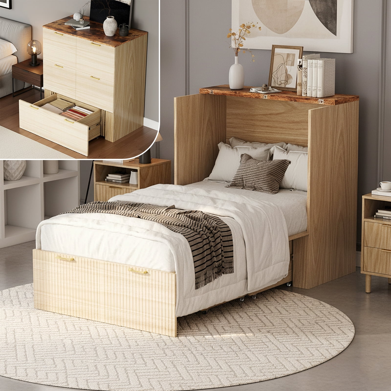 Zimtown Twin Size Murphy Bed with Storage Drawer, Space-Saving Foldable Cabinet Bed Frame, Wood Color