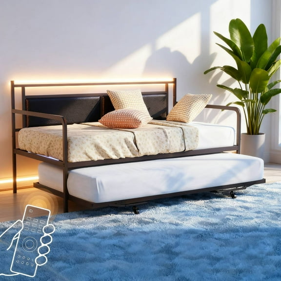 Zimtown Twin Size Daybed with Pop Up Daybed, Metal Sofa Bed Frame with Charging Station & LED for Guest Room,Black