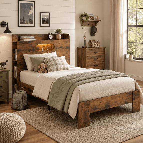 Zimtown Twin Bed Frame with Storage Headboard, Platform Bed with LED and Charging Station, Rustic Brown