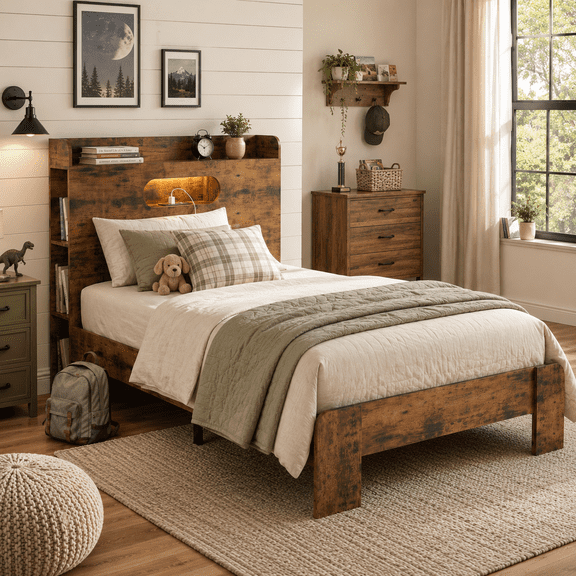Zimtown Twin Bed Frame with Storage Headboard, Platform Bed with LED and Charging Station, Rustic Brown