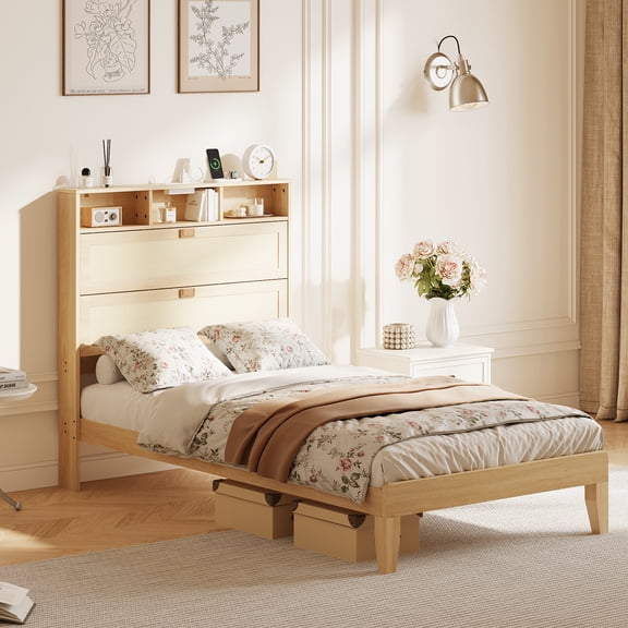 Zimtown Twin Size Rattan Bed Frame, Platform Bed Frame with Storage Headboard & Charging Station, No Box Spring Needed