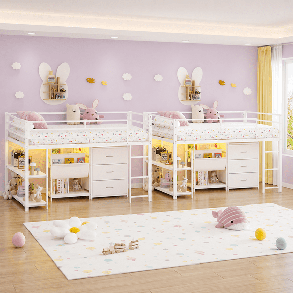 Zimtown Twin Size Set of 2 Low Loft Bed with Storage Drawer and Shelf, Floor Bunk Bed Frame with LED Light, White
