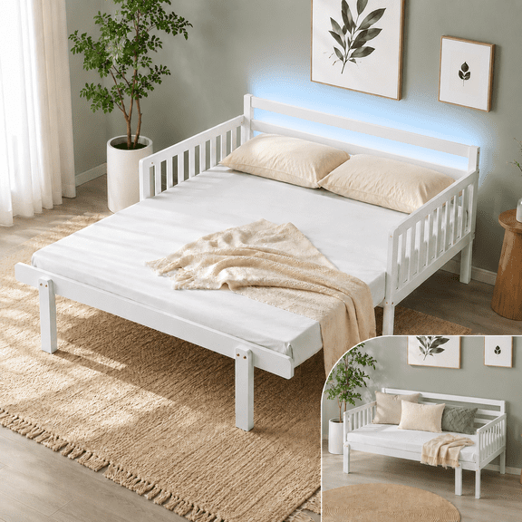 Zimtown Twin Size Wood Daybed with LED Light, Platform Bed Frame with Charging Station, Convertible Sofa Bed for Bedroom, Guest Room, White