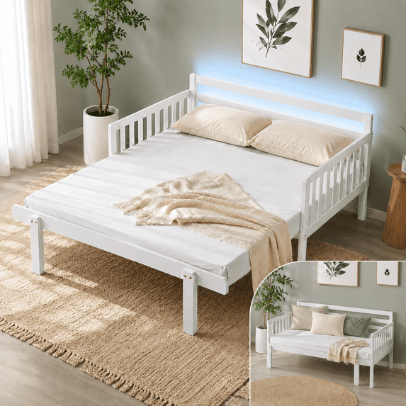 Zimtown Twin Size Wood Daybed with LED Light, Platform Bed Frame with Charging Station, Convertible Sofa Bed for Bedroom, Guest Room, White