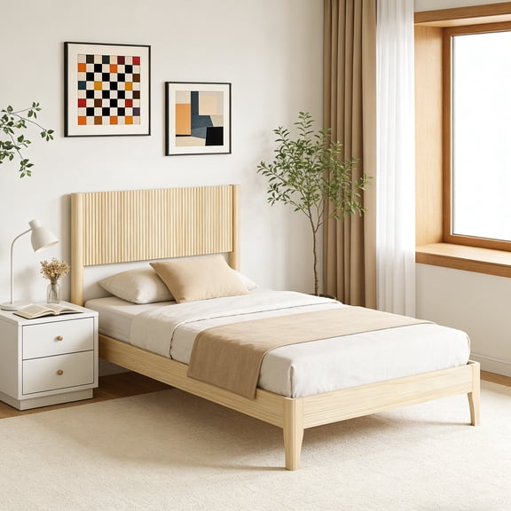 Zimtown Twin Wood Platform Bed Frame with Flutted Headboard, Sturdy Solid Slats & Under Bed Storage, Wood Color