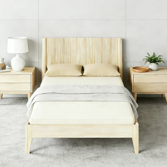 Zimtown Twin Wood Platform Bed Frame with Flutted Headboard, Sturdy Solid Slats & Under Bed Storage, Wood Color